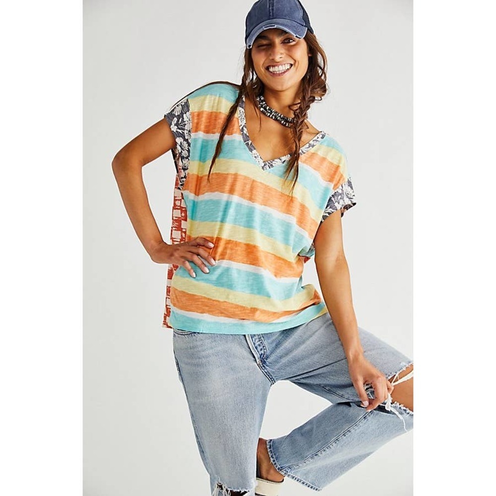 Free People Multicolor Striped Short Sleeve Tee